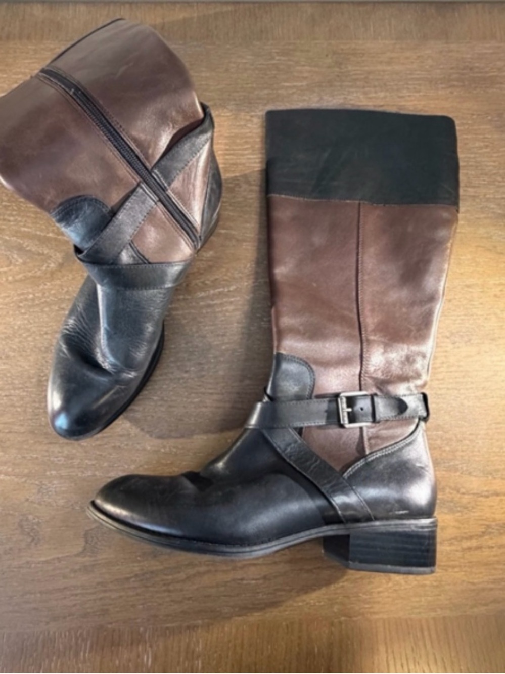 Ralph Lauren Two-Tone Brown and Black Leather Riding Boots - Picture 2 of 9